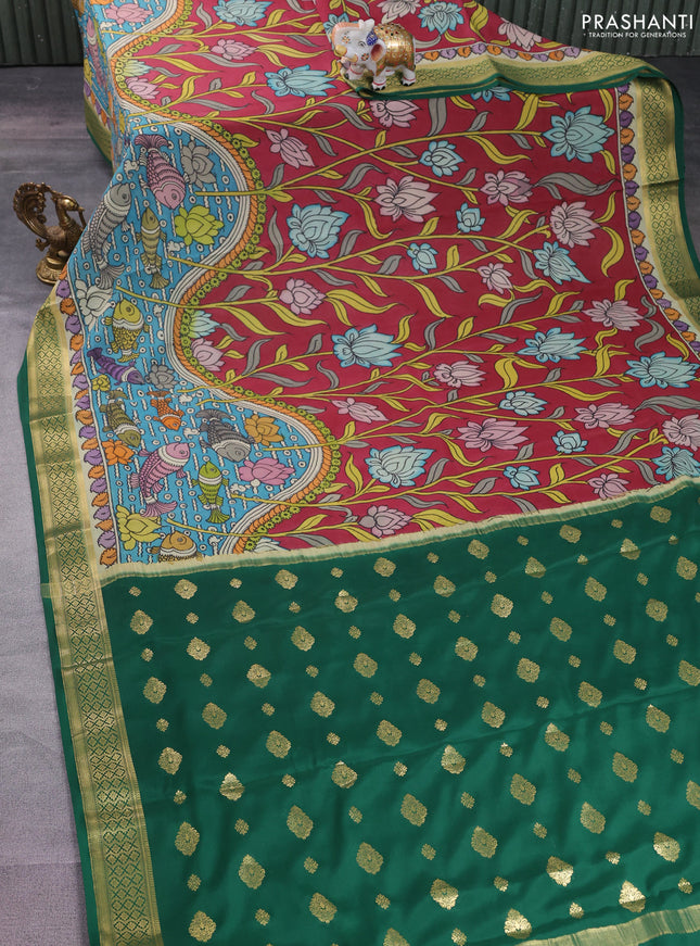 Pure mysore silk saree maroon and green with allover pen kalamkari prints and zari woven border