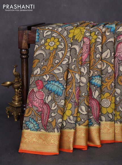 Pure mysore silk saree grey and orange with allover pen kalamkari prints and zari woven border