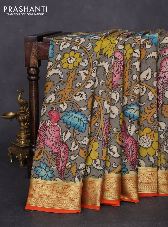 Pure mysore silk saree grey and orange with allover pen kalamkari prints and zari woven border