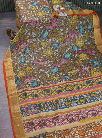 Pure mysore silk saree grey and orange with allover pen kalamkari prints and zari woven border