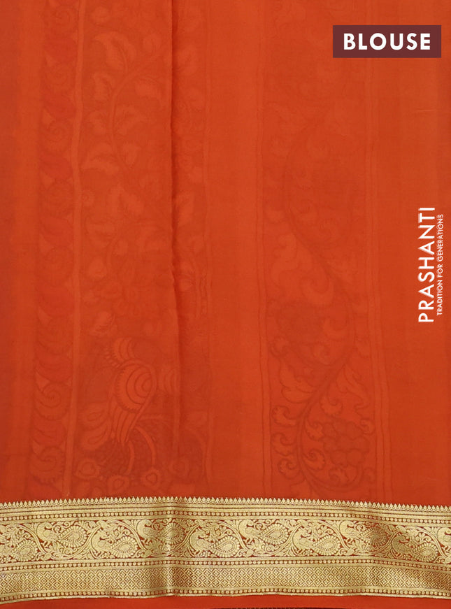 Pure mysore silk saree grey and orange with allover pen kalamkari prints and zari woven border