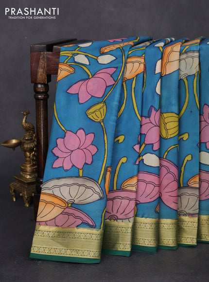 Pure mysore silk saree cs blue and green with allover pen kalamkari prints and zari woven border