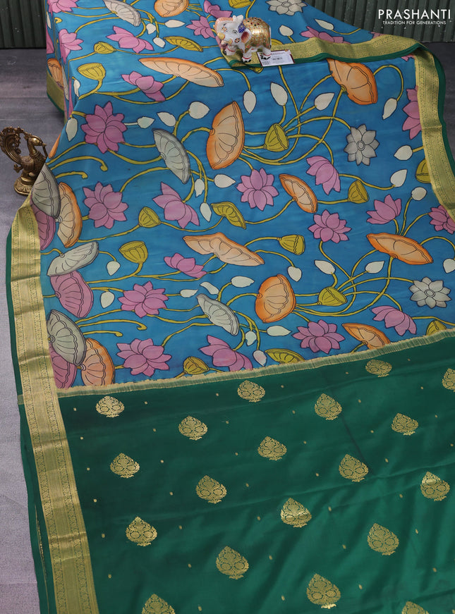 Pure mysore silk saree cs blue and green with allover pen kalamkari prints and zari woven border
