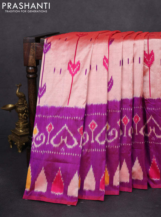 Pochampally silk saree mild peach and purple with allover ikat weaves and long ikat woven border