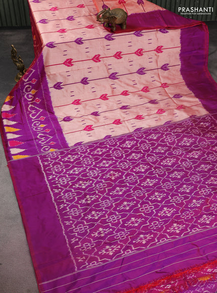 Pochampally silk saree mild peach and purple with allover ikat weaves and long ikat woven border