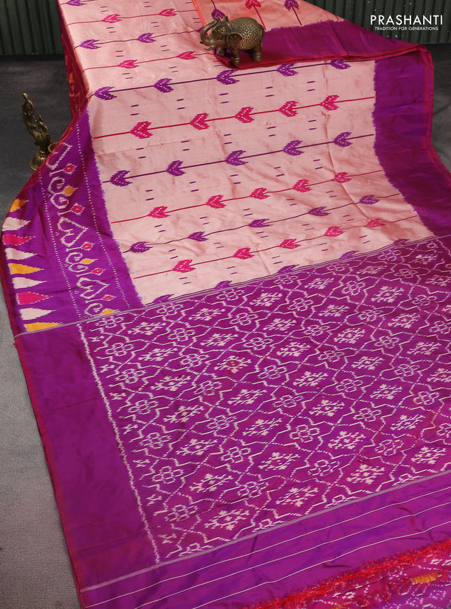 Pochampally silk saree mild peach and purple with allover ikat weaves and long ikat woven border