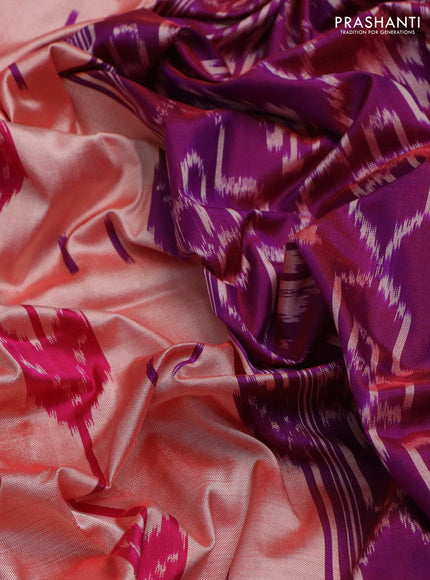 Pochampally silk saree mild peach and purple with allover ikat weaves and long ikat woven border