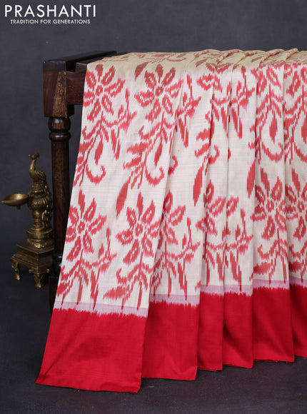 Pochampally silk saree cream and red with allover ikat weaves and simple border