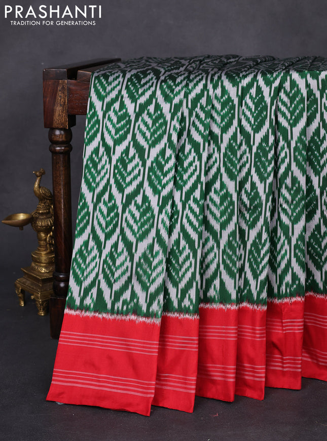 Pochampally silk saree green and red with allover ikat weaves and rettapet woven border