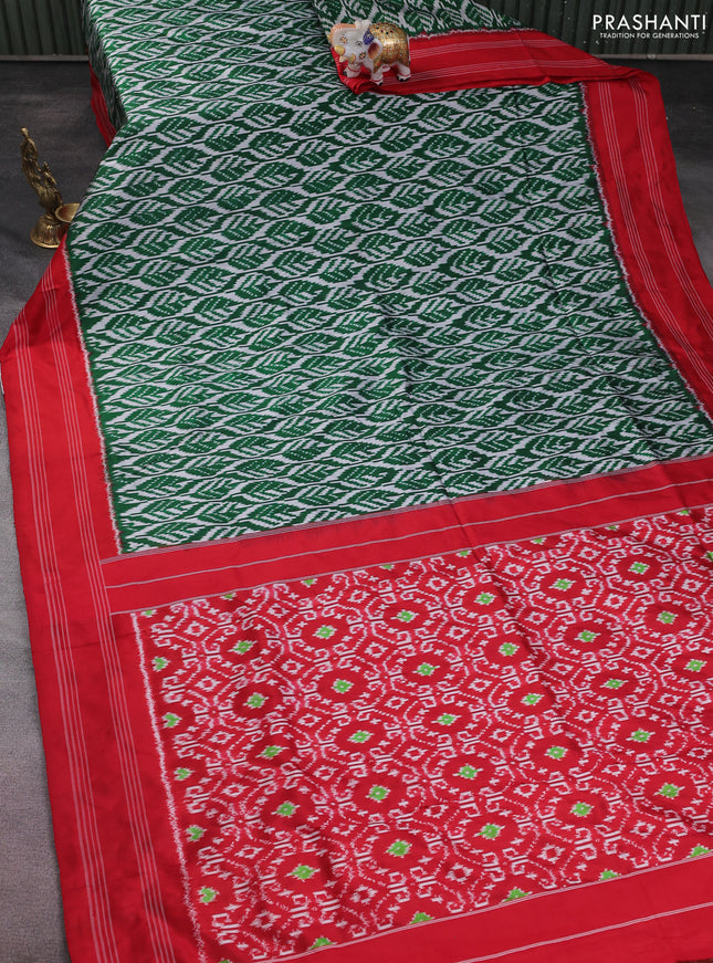 Pochampally silk saree green and red with allover ikat weaves and rettapet woven border