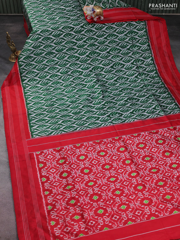 Pochampally silk saree green and red with allover ikat weaves and rettapet woven border
