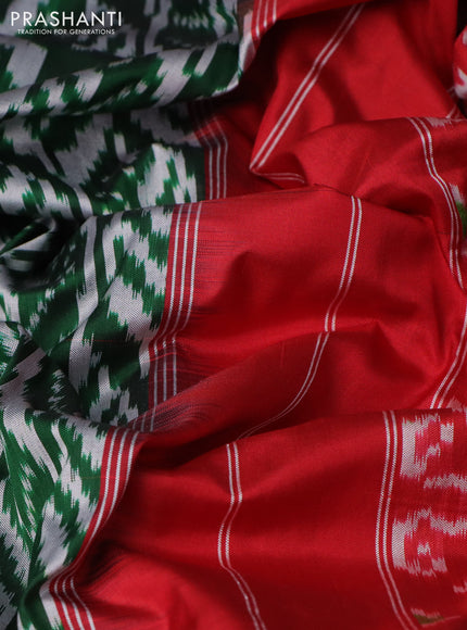 Pochampally silk saree green and red with allover ikat weaves and rettapet woven border