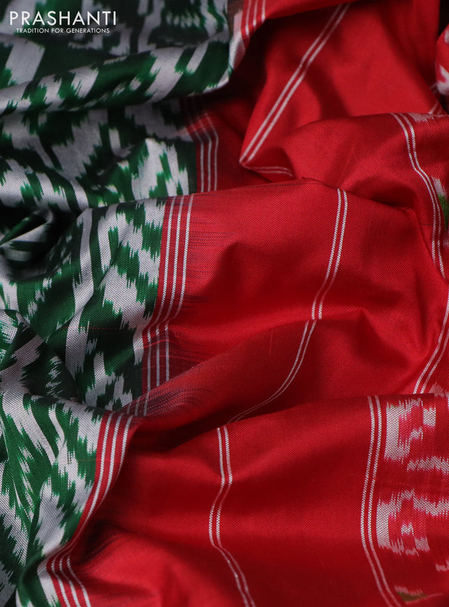 Pochampally silk saree green and red with allover ikat weaves and rettapet woven border