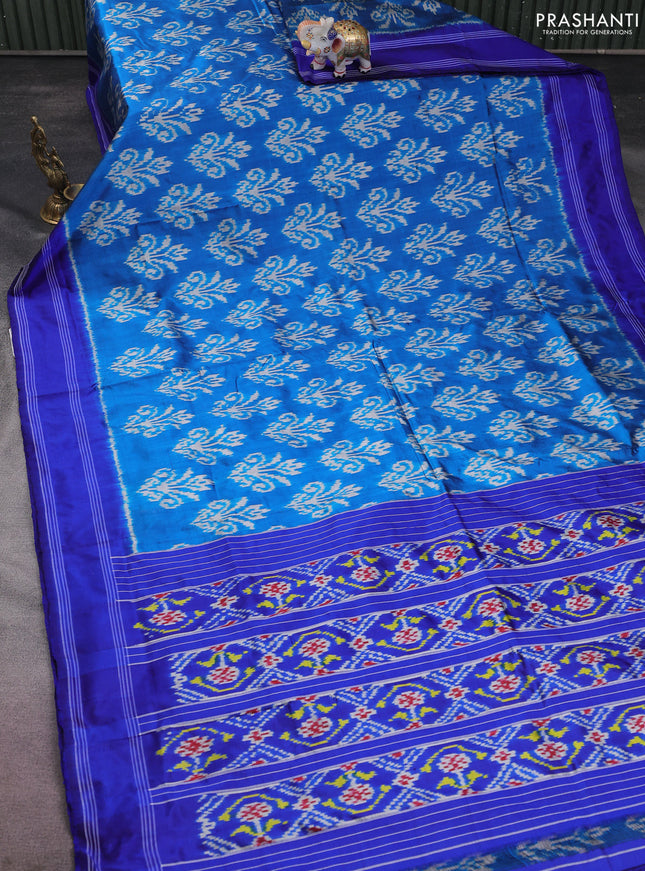 Pochampally silk saree cs blue and blue with allover ikat butta weaves and rettapet woven border