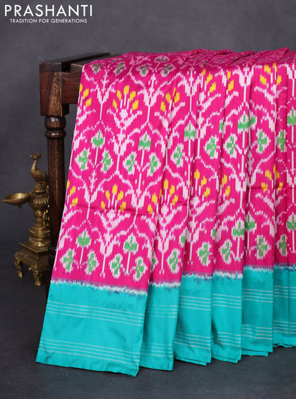 Pochampally silk saree magenta pink and teal green with allover ikat weaves and rettapet woven border