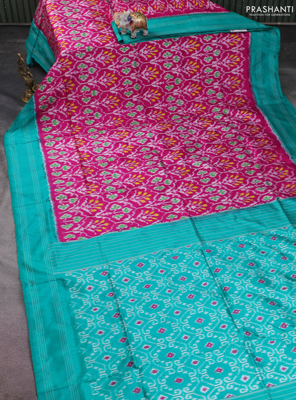 Pochampally silk saree magenta pink and teal green with allover ikat weaves and rettapet woven border