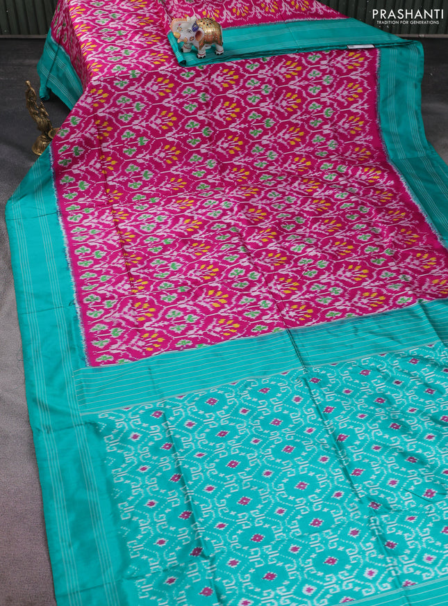 Pochampally silk saree magenta pink and teal green with allover ikat weaves and rettapet woven border