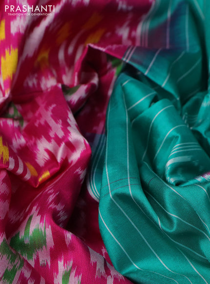Pochampally silk saree magenta pink and teal green with allover ikat weaves and rettapet woven border