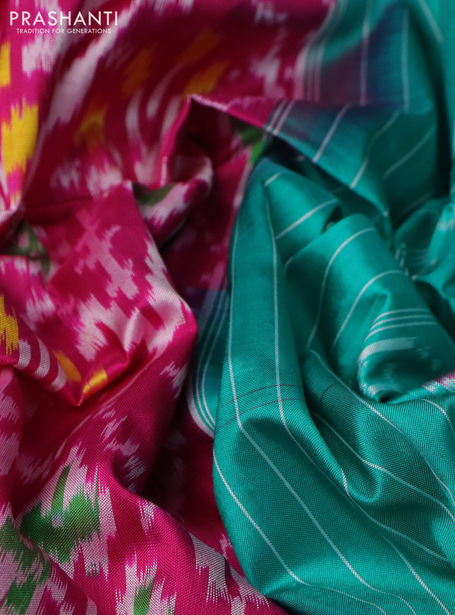 Pochampally silk saree magenta pink and teal green with allover ikat weaves and rettapet woven border