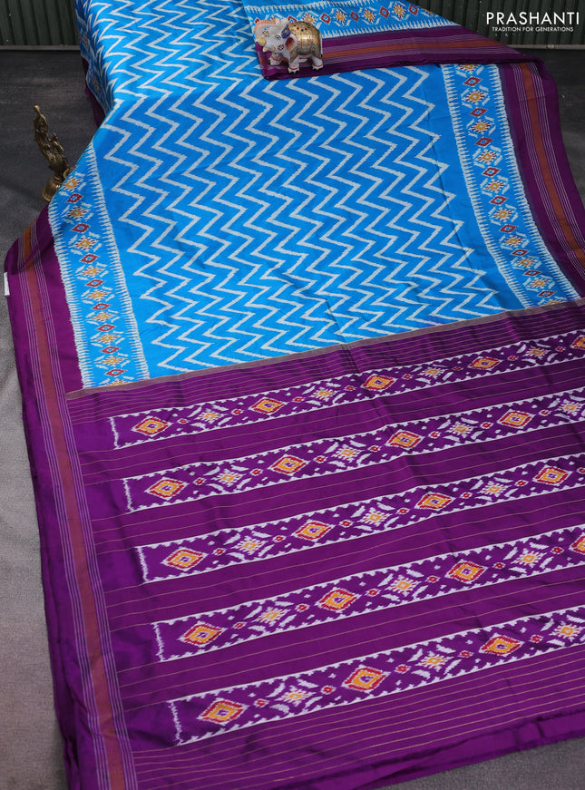 Pochampally silk saree cs blue and purple with allover zig zag ikat weaves and long ikat woven border