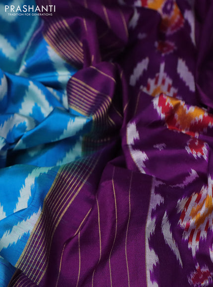 Pochampally silk saree cs blue and purple with allover zig zag ikat weaves and long ikat woven border