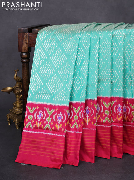 Pochampally silk saree teal green shade and pink with allover ikat weaves and long ikat woven simple border