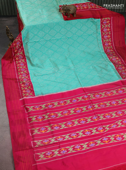 Pochampally silk saree teal green shade and pink with allover ikat weaves and long ikat woven simple border