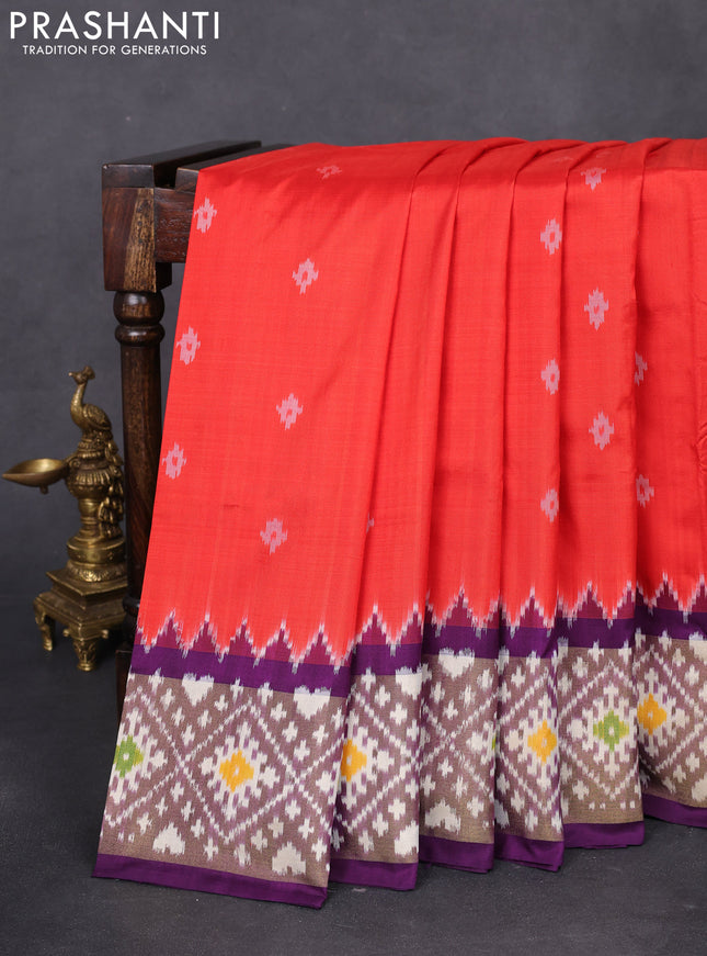Pochampally silk saree orange and purple with ikat buttas and ikat woven zari border