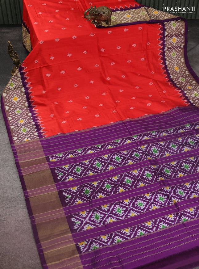 Pochampally silk saree orange and purple with ikat buttas and ikat woven zari border