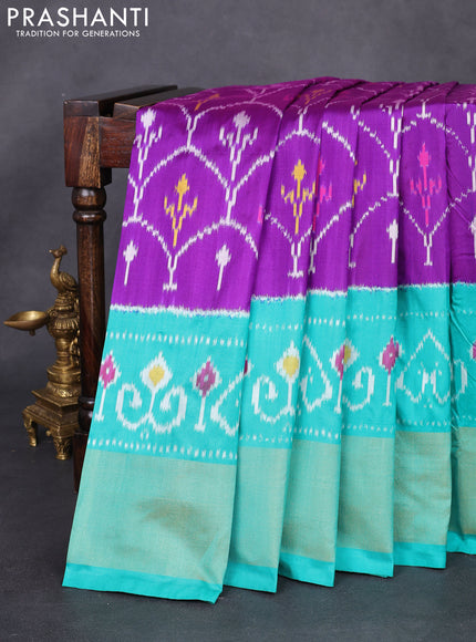 Pochampally silk saree purple and teal green shade with allover ikat weaves and long ikat woven zari border