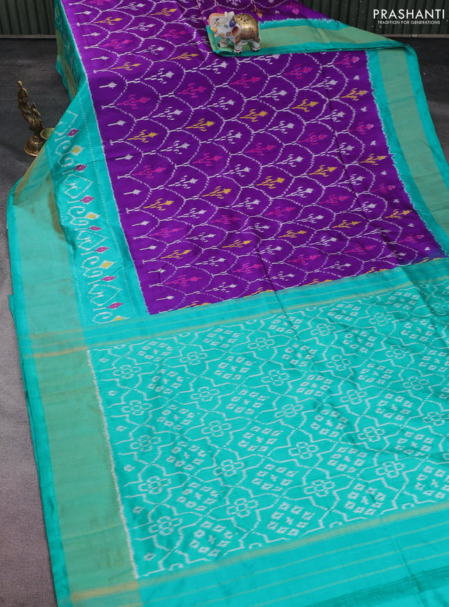 Pochampally silk saree purple and teal green shade with allover ikat weaves and long ikat woven zari border