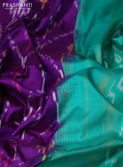 Pochampally silk saree purple and teal green shade with allover ikat weaves and long ikat woven zari border