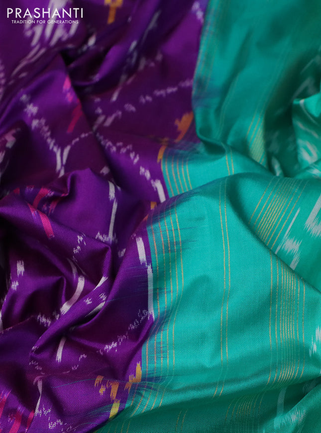Pochampally silk saree purple and teal green shade with allover ikat weaves and long ikat woven zari border