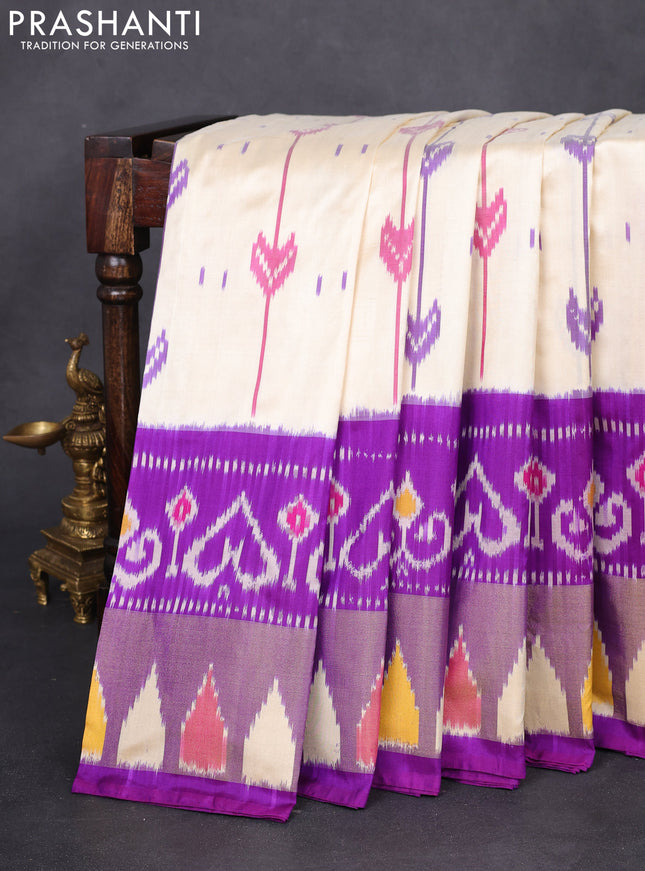 Pochampally silk saree cream and purple with allover ikat weaves and long ikat woven zari border