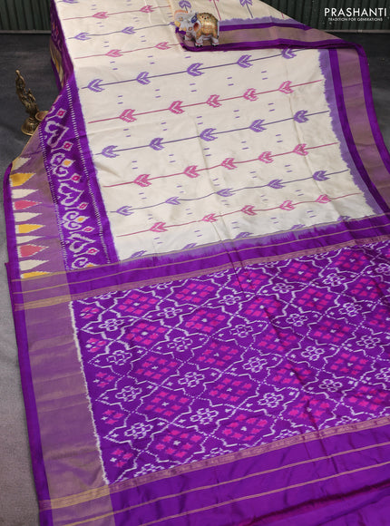 Pochampally silk saree cream and purple with allover ikat weaves and long ikat woven zari border