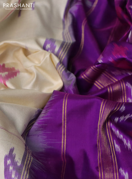 Pochampally silk saree cream and purple with allover ikat weaves and long ikat woven zari border