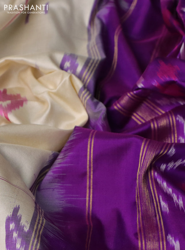 Pochampally silk saree cream and purple with allover ikat weaves and long ikat woven zari border