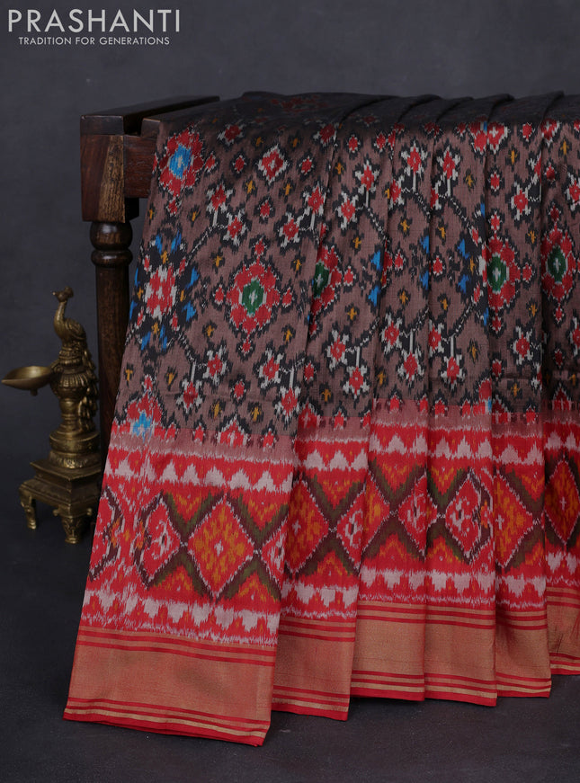 Pochampally silk saree pastel brown and red with allover ikat weaves and long ikat woven zari border