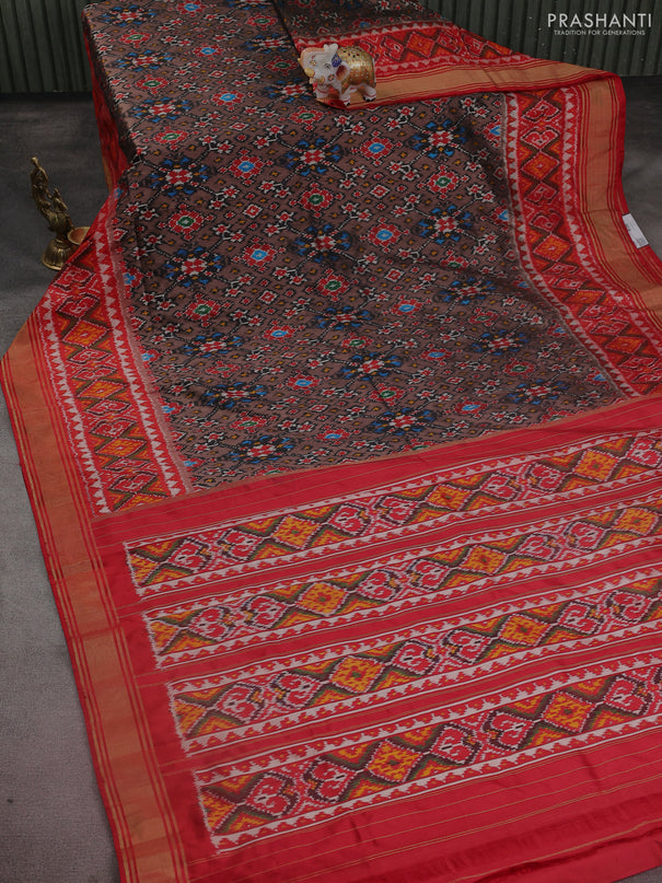 Pochampally silk saree pastel brown and red with allover ikat weaves and long ikat woven zari border