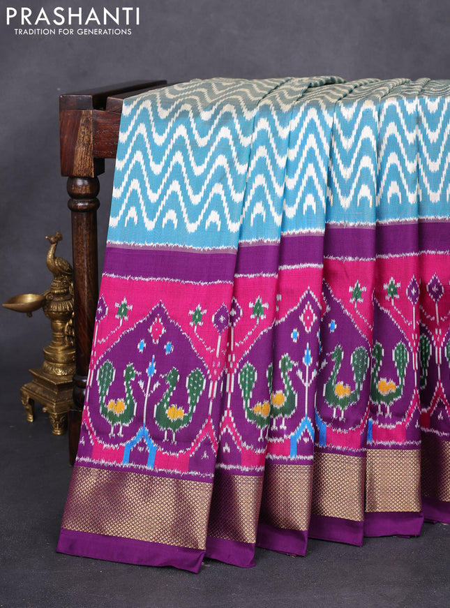 Pochampally silk saree peacock green cream and deep purple with allover zig zag ikat weaves and long ikat woven zari border