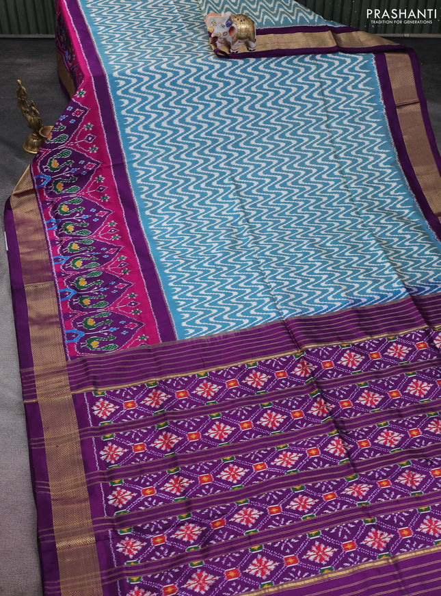 Pochampally silk saree peacock green cream and deep purple with allover zig zag ikat weaves and long ikat woven zari border