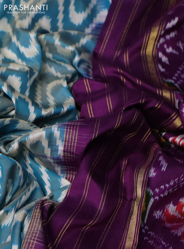 Pochampally silk saree peacock green cream and deep purple with allover zig zag ikat weaves and long ikat woven zari border