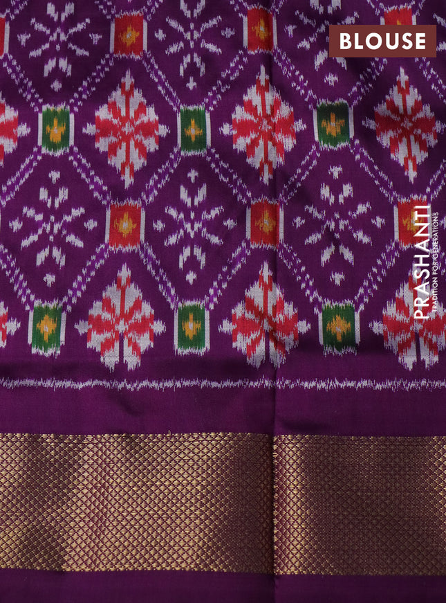 Pochampally silk saree peacock green cream and deep purple with allover zig zag ikat weaves and long ikat woven zari border