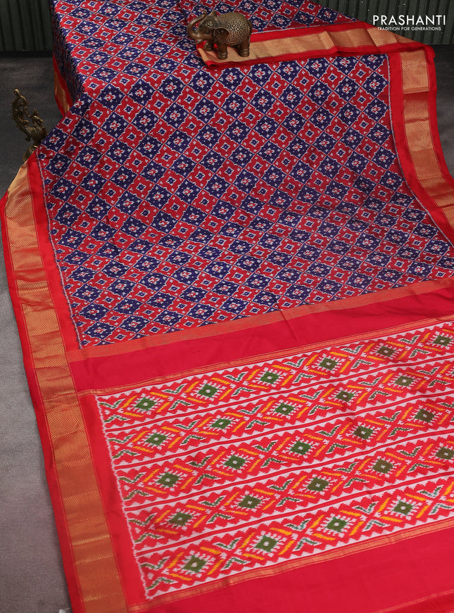 Pochampally silk saree dark blue and red with allover ikat weaves and zari woven border