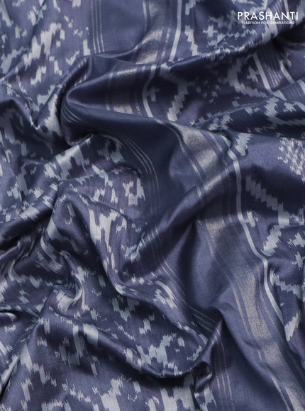 Pochampally silk saree grey with allover ikat weaves and long ikat woven silver zari border