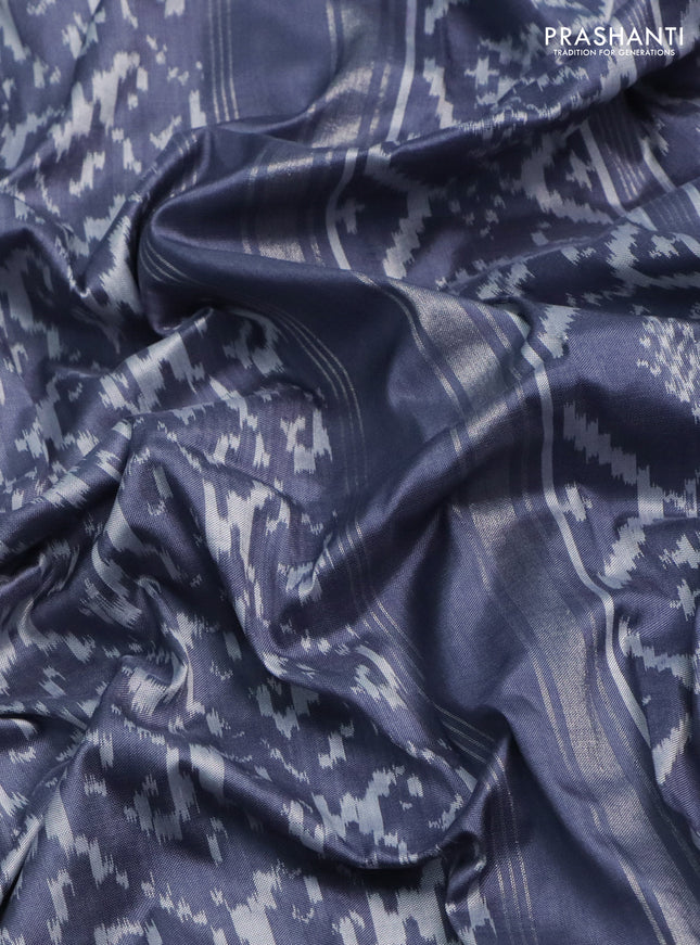 Pochampally silk saree grey with allover ikat weaves and long ikat woven silver zari border