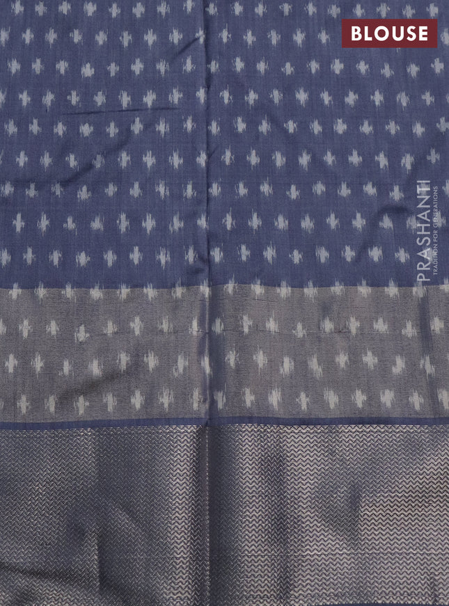 Pochampally silk saree grey with allover ikat weaves and long ikat woven silver zari border
