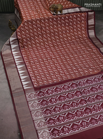 Pochampally silk saree brown and wine shade with allover ikat weaves and long ikat woven silver zari border