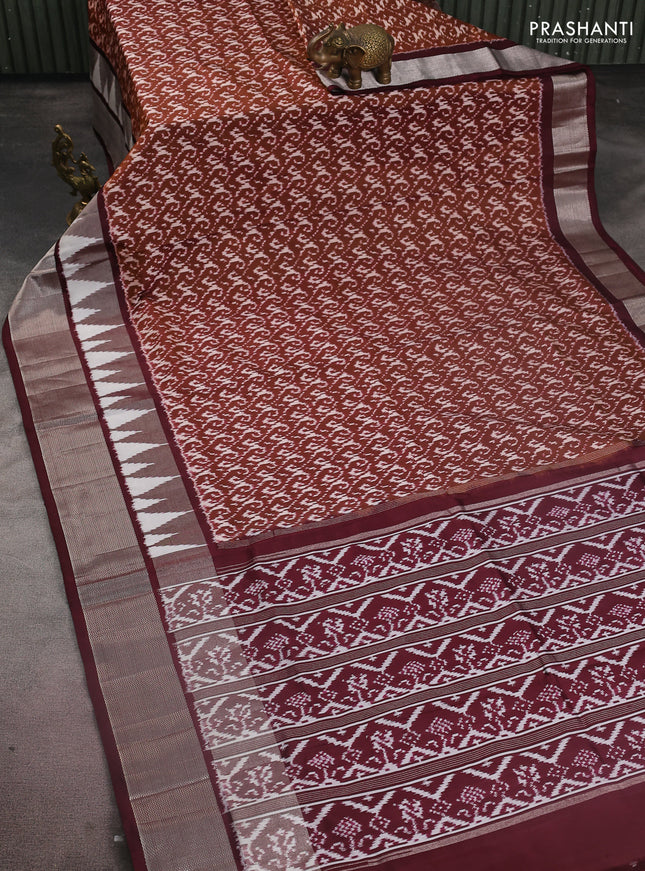 Pochampally silk saree brown and wine shade with allover ikat weaves and long ikat woven silver zari border
