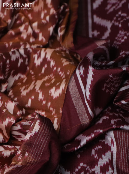 Pochampally silk saree brown and wine shade with allover ikat weaves and long ikat woven silver zari border